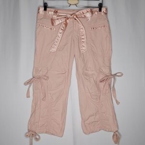 Miss Me Cargo Crop Pants Juniors Medium Light Pink Satin Belted Low Rise 00s Y2K